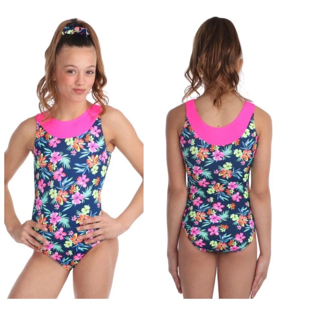 SNOWFLAKE DESIGNS ALOHA GIRLS HAWAIIAN DANCE GYMNASTICS LEOTARD FLORAL Size XS
